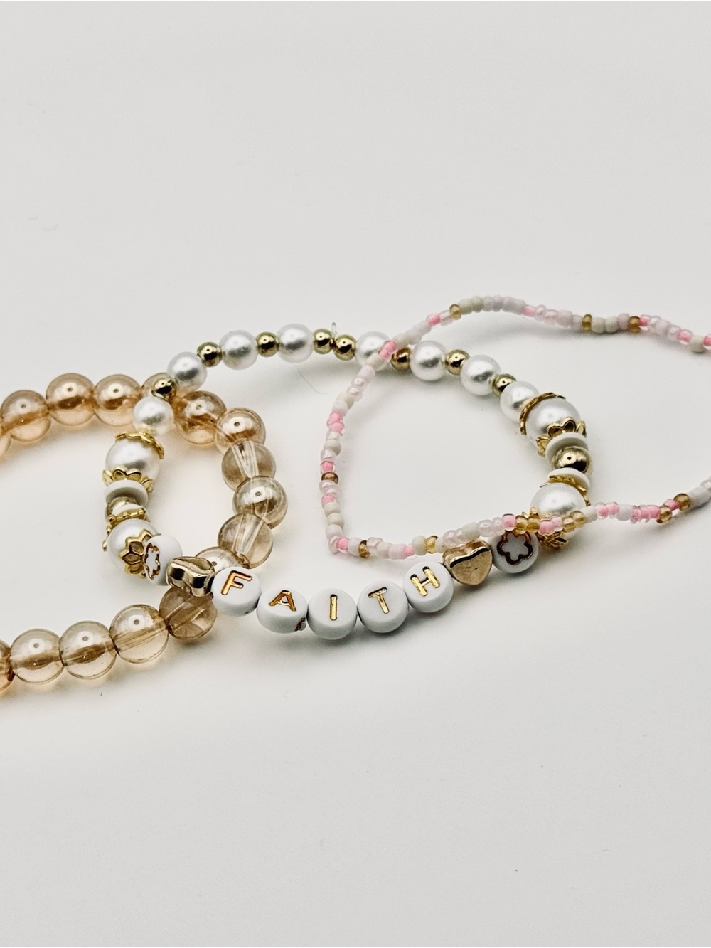 Hand Crafted 'FAITH' Beaded Bracelet Set in Pink, White & Gold